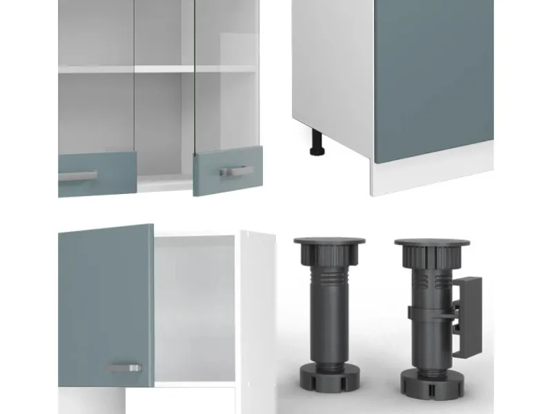 Vicco R-Line Küchenzeile Blau-Grau 300 cm mit HochschrankAP Marmor ohne E-Geräte Blaugrau