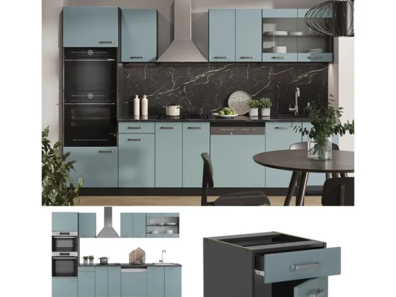 Outlet Vicco R-Line Küchenzeile Blau-Grau/Anthrazit 300 cm mit HochschrankAP Eiche ohne E-Geräte Blaugrau