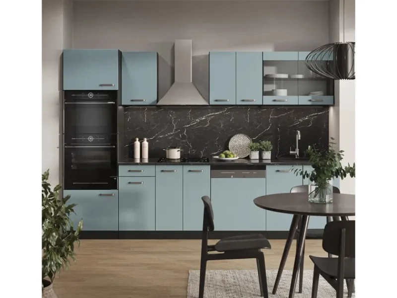 Outlet Vicco R-Line Küchenzeile Blau-Grau/Anthrazit 300 cm mit HochschrankAP Eiche ohne E-Geräte Blaugrau