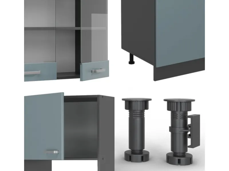 Outlet Vicco R-Line Küchenzeile Blau-Grau/Anthrazit 300 cm mit HochschrankAP Eiche ohne E-Geräte Blaugrau