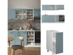 Vicco R-Line Küchenzeile Blau-Grau/Weiß 240 cm AP Anthrazit ohne E-Geräte Blaugrau