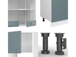 Vicco R-Line Küchenzeile Blau-Grau/Weiß 300 cm mit HochschrankAP Eiche ohne E-Geräte< Einbauküchen