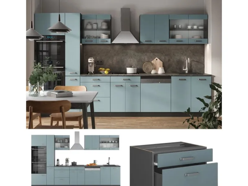 Vicco R-Line Küchenzeile Blau-Grau/Anthrazit 350 cm mit HochschrankAP Anthrazit ohne E-Geräte< Küchenschränke|Einbauküchen