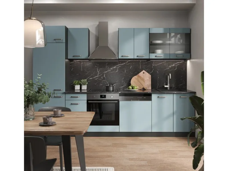 Einbauküchen<Vicco R-Line Küchenzeile Blau-Grau/Anthrazit 300 cm AP Eiche ohne E-Geräte