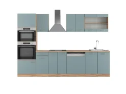 Vicco R-Line Küchenzeile Blau-Grau/Goldkraft Eiche 300 cm mit Hochschrankohne Arbeitsplatte ohne E-Geräte< Single-Küchen