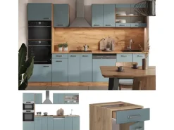 Vicco R-Line Küchenzeile Blau-Grau/Goldkraft Eiche 300 cm mit Hochschrankohne Arbeitsplatte ohne E-Geräte< Single-Küchen