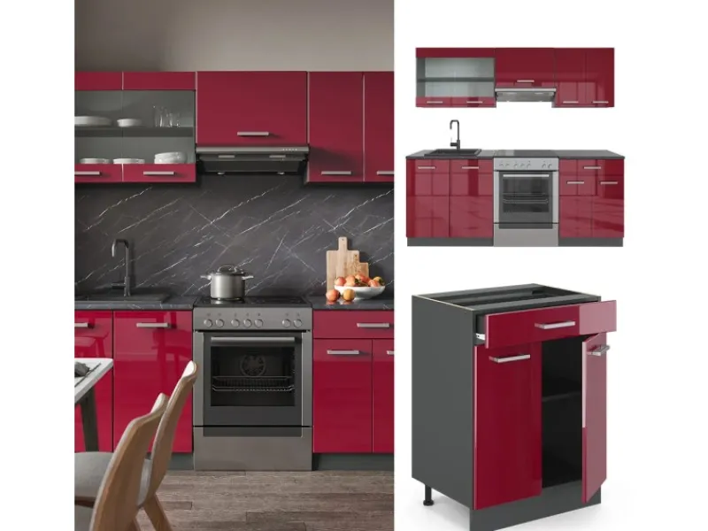 Best Vicco R-Line Küchenzeile Bordeaux Hochglanz/Anthrazit 200 cm AP Marmor ohne E-Geräte Brilliant Bordeaux