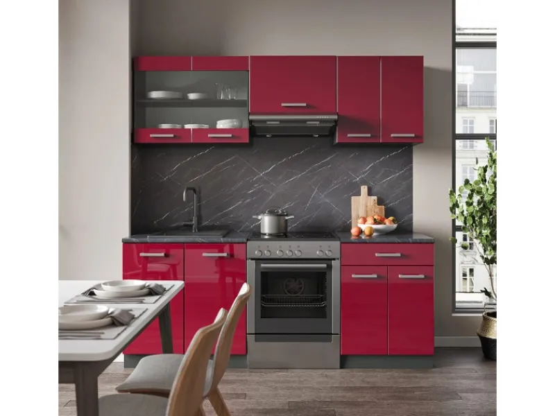 Best Vicco R-Line Küchenzeile Bordeaux Hochglanz/Anthrazit 200 cm AP Marmor ohne E-Geräte Brilliant Bordeaux