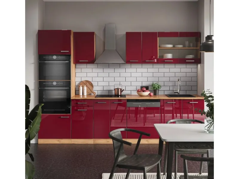 Vicco R-Line Küchenzeile Bordeaux Hochglanz/Goldkraft Eiche 300 cm mit HochschrankAP Anthrazit ohne E-Geräte< Einbauküchen
