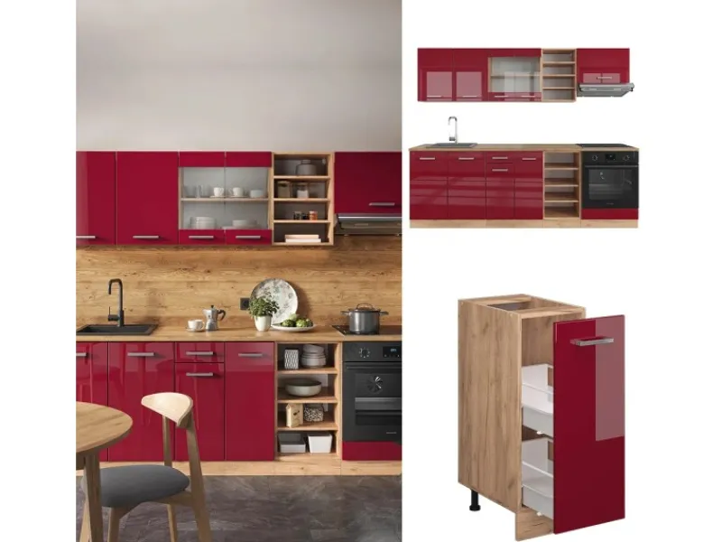 Vicco R-Line Küchenzeile Bordeaux Hochglanz/Goldkraft Eiche 240 cm ohne Arbeitsplatte ohne E-Geräte< Einbauküchen