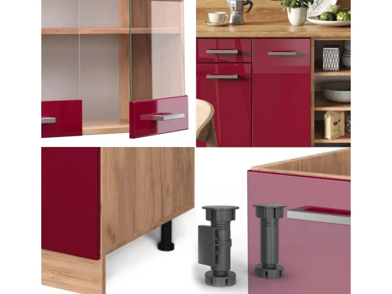 Vicco R-Line Küchenzeile Bordeaux Hochglanz/Goldkraft Eiche 240 cm ohne Arbeitsplatte ohne E-Geräte< Einbauküchen