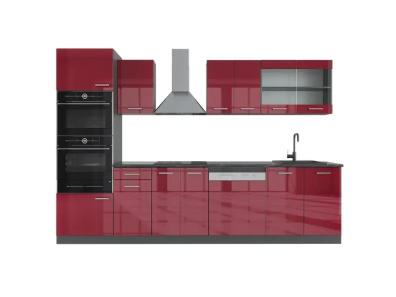Discount Vicco R-Line Küchenzeile Bordeaux Hochglanz/Anthrazit 300 cm mit Hochschrankohne Arbeitsplatte ohne E-Geräte Brilliant Bordeaux