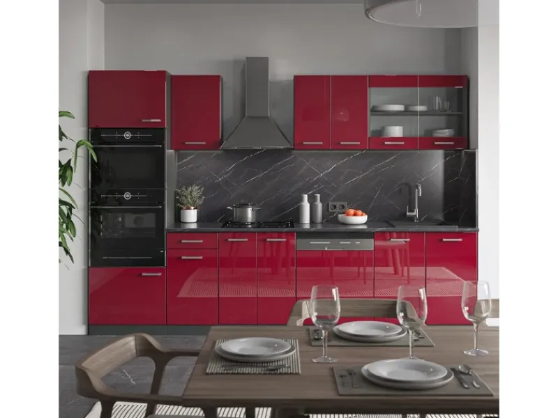 Discount Vicco R-Line Küchenzeile Bordeaux Hochglanz/Anthrazit 300 cm mit Hochschrankohne Arbeitsplatte ohne E-Geräte Brilliant Bordeaux