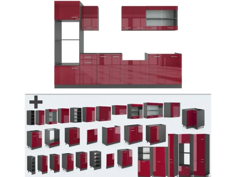 Discount Vicco R-Line Küchenzeile Bordeaux Hochglanz/Anthrazit 300 cm mit Hochschrankohne Arbeitsplatte ohne E-Geräte Brilliant Bordeaux