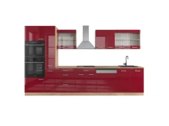 Outlet Vicco R-Line Küchenzeile Bordeaux Hochglanz/Goldkraft Eiche 350 cm mit Hochschrankohne Arbeitsplatte ohne E-Geräte Bordeaux-Glanz