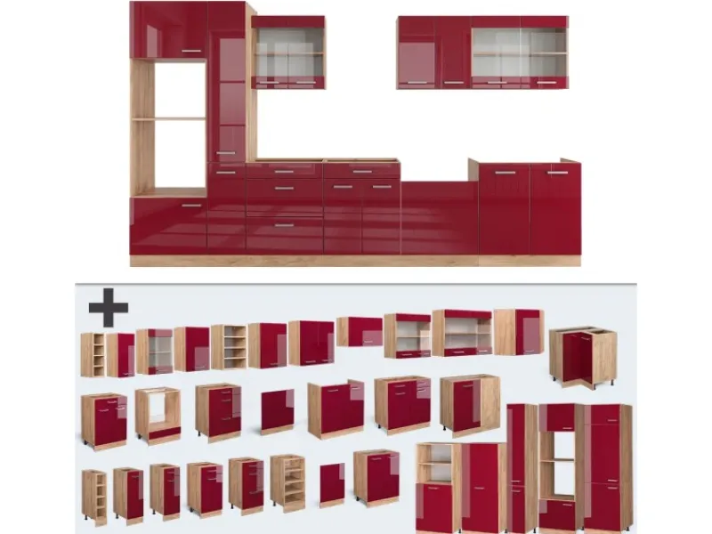 Outlet Vicco R-Line Küchenzeile Bordeaux Hochglanz/Goldkraft Eiche 350 cm mit Hochschrankohne Arbeitsplatte ohne E-Geräte Bordeaux-Glanz