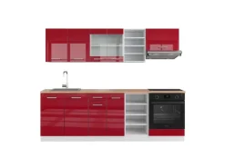 Clearance Vicco R-Line Küchenzeile Bordeaux Hochglanz/Weiß 240 cm AP Eiche ohne E-Geräte Brilliant Bordeaux