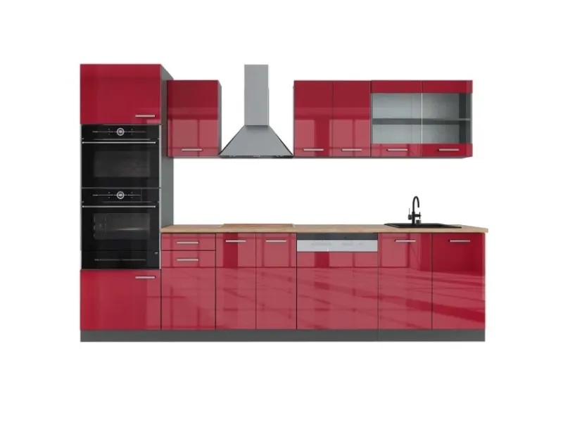 Best Vicco R-Line Küchenzeile Bordeaux Hochglanz/Anthrazit 300 cm mit HochschrankAP Eiche ohne E-Geräte Brilliant Bordeaux