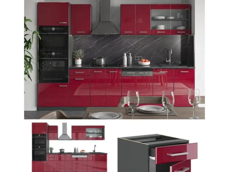 Best Vicco R-Line Küchenzeile Bordeaux Hochglanz/Anthrazit 300 cm mit HochschrankAP Eiche ohne E-Geräte Brilliant Bordeaux