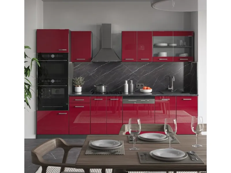 Best Vicco R-Line Küchenzeile Bordeaux Hochglanz/Anthrazit 300 cm mit HochschrankAP Eiche ohne E-Geräte Brilliant Bordeaux