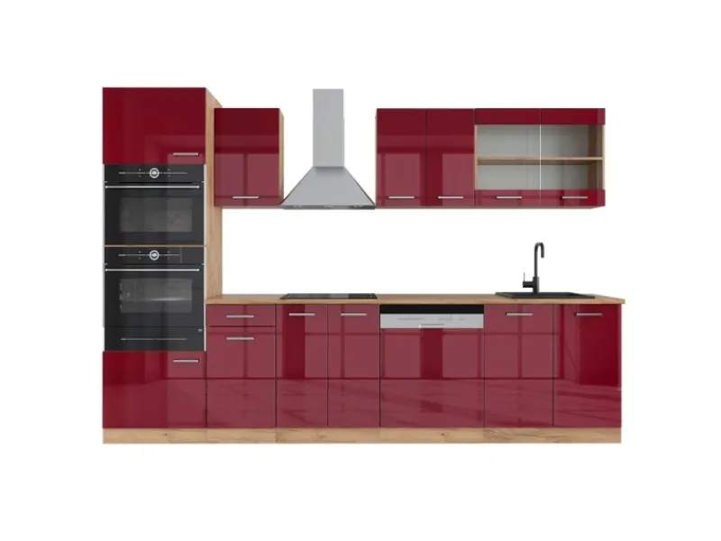 Outlet Vicco R-Line Küchenzeile Bordeaux Hochglanz/Goldkraft Eiche 300 cm mit Hochschrankohne Arbeitsplatte ohne E-Geräte Bordeaux-Glanz