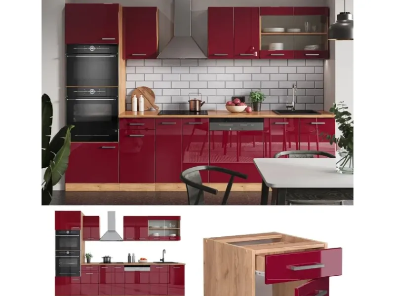 Outlet Vicco R-Line Küchenzeile Bordeaux Hochglanz/Goldkraft Eiche 300 cm mit Hochschrankohne Arbeitsplatte ohne E-Geräte Bordeaux-Glanz