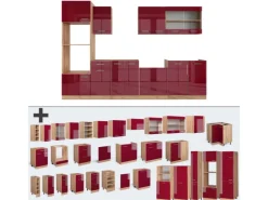 Outlet Vicco R-Line Küchenzeile Bordeaux Hochglanz/Goldkraft Eiche 300 cm mit Hochschrankohne Arbeitsplatte ohne E-Geräte Bordeaux-Glanz