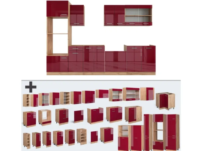 Outlet Vicco R-Line Küchenzeile Bordeaux Hochglanz/Goldkraft Eiche 300 cm mit Hochschrankohne Arbeitsplatte ohne E-Geräte Bordeaux-Glanz