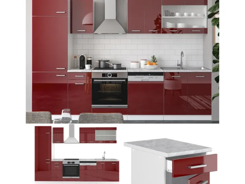 New Vicco R-Line Küchenzeile Bordeaux Hochglanz/Weiß 300 cm AP Anthrazit ohne E-Geräte Brilliant Bordeaux