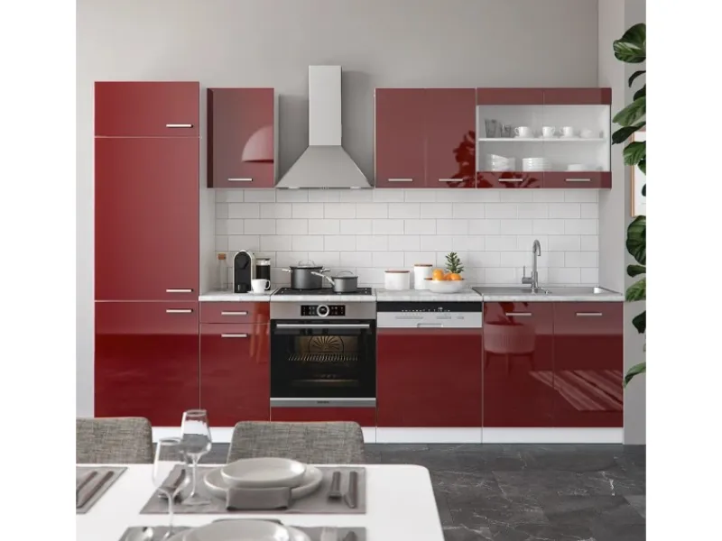 New Vicco R-Line Küchenzeile Bordeaux Hochglanz/Weiß 300 cm AP Anthrazit ohne E-Geräte Brilliant Bordeaux