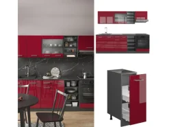 Best Vicco R-Line Küchenzeile Bordeaux Hochglanz/Anthrazit 240 cm AP Marmor ohne E-Geräte Brilliant Bordeaux