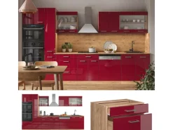 Online Vicco R-Line Küchenzeile Bordeaux Hochglanz/Goldkraft Eiche 350 cm mit HochschrankAP Marmor ohne E-Geräte Bordeaux-Glanz