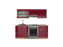Vicco R-Line Küchenzeile Bordeaux Hochglanz/Goldkraft Eiche 200 cm ohne Arbeitsplatte ohne E-Geräte Bordeaux-Glanz