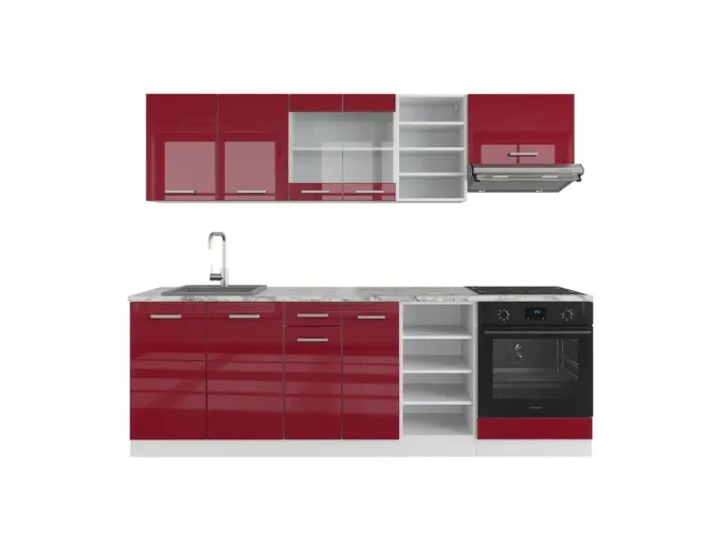 Einbauküchen<Vicco R-Line Küchenzeile Bordeaux Hochglanz/Weiß 240 cm ohne Arbeitsplatte ohne E-Geräte