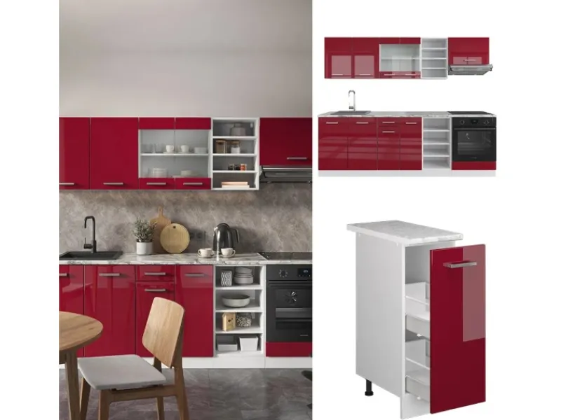Einbauküchen<Vicco R-Line Küchenzeile Bordeaux Hochglanz/Weiß 240 cm ohne Arbeitsplatte ohne E-Geräte