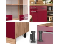 Einbauküchen<Vicco R-Line Küchenzeile Bordeaux Hochglanz/Goldkraft Eiche 240 cm AP Marmor ohne E-Geräte
