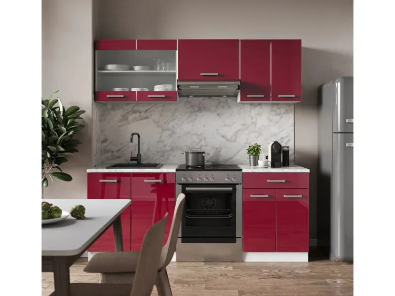 Sale Vicco R-Line Küchenzeile Bordeaux Hochglanz/Weiß 200 cm ohne Arbeitsplatte ohne E-Geräte Brilliant Bordeaux