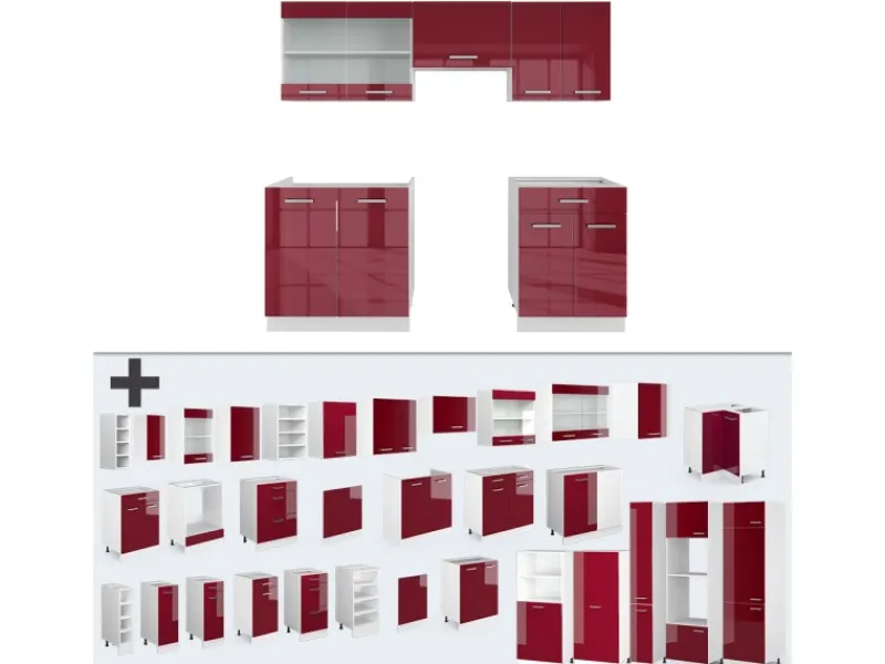 Sale Vicco R-Line Küchenzeile Bordeaux Hochglanz/Weiß 200 cm ohne Arbeitsplatte ohne E-Geräte Brilliant Bordeaux