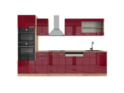 Vicco R-Line Küchenzeile Bordeaux Hochglanz/Goldkraft Eiche 300 cm mit HochschrankAP Eiche ohne E-Geräte< Kochfelder|Kühlschränke