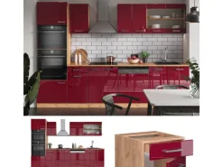 Vicco R-Line Küchenzeile Bordeaux Hochglanz/Goldkraft Eiche 300 cm mit HochschrankAP Eiche ohne E-Geräte< Kochfelder|Kühlschränke