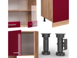 Vicco R-Line Küchenzeile Bordeaux Hochglanz/Goldkraft Eiche 300 cm mit HochschrankAP Eiche ohne E-Geräte< Kochfelder|Kühlschränke