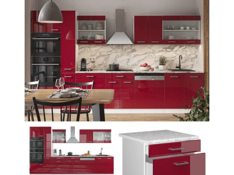 Vicco R-Line Küchenzeile Bordeaux Hochglanz/Weiß 350 cm mit Hochschrankohne Arbeitsplatte ohne E-Geräte< Herde|Kühlschränke