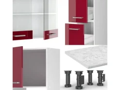 Kochfelder|Kühlschränke<Vicco R-Line Küchenzeile Bordeaux Hochglanz/Weiß 350 cm mit HochschrankAP Marmor ohne E-Geräte