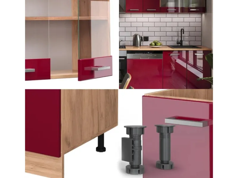 Outlet Vicco R-Line Küchenzeile Bordeaux Hochglanz/Goldkraft Eiche 300 cm AP Anthrazit ohne E-Geräte Bordeaux-Glanz