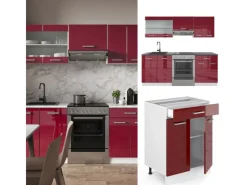 Einbauküchen<Vicco R-Line Küchenzeile Bordeaux Hochglanz/Weiß 200 cm AP Marmor ohne E-Geräte