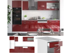 Online Vicco R-Line Küchenzeile Bordeaux Hochglanz/Weiß 300 cm mit HochschrankAP Eiche ohne E-Geräte Brilliant Bordeaux