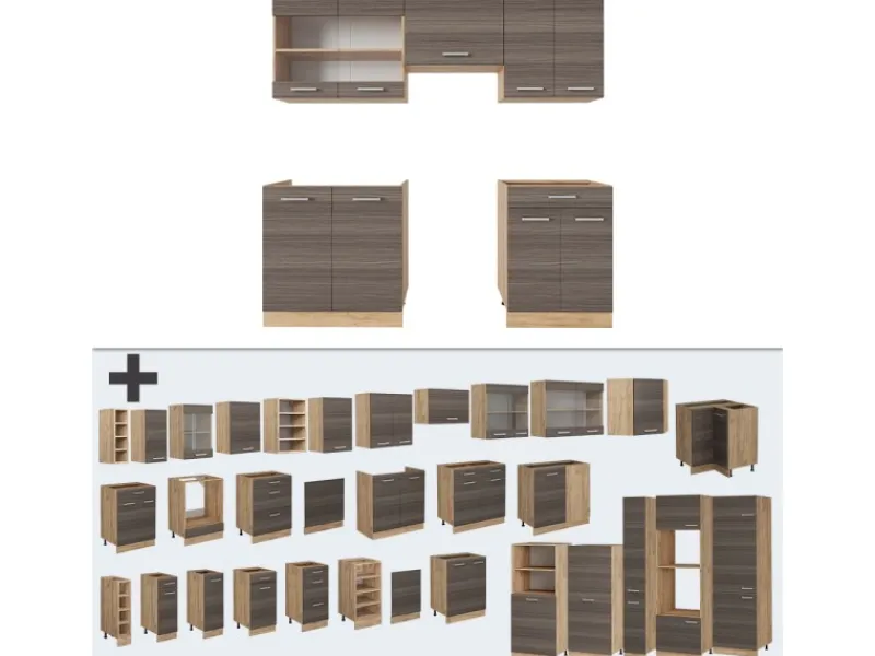 Einbauküchen<Vicco R-Line Küchenzeile /Goldkraft Eiche 200 cm ohne Arbeitsplatte ohne E-Geräte
