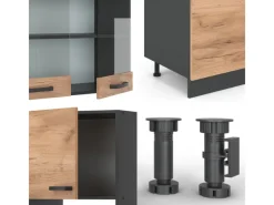 Clearance Vicco R-Line Küchenzeile Goldkraft Eiche/Anthrazit 300 cm mit HochschrankAP Marmor ohne E-Geräte Anthrazit-Eiche