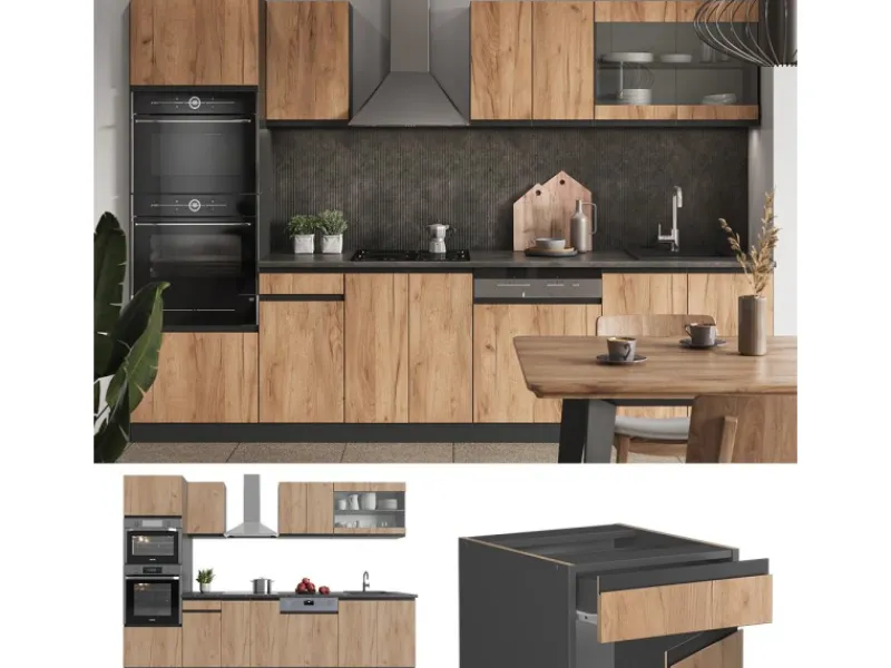 Best Vicco R-Line Küchenzeile Goldkraft Eiche/Anthrazit 300 cm mit HochschrankAP Marmor ohne E-Geräte Anthrazit-Eiche