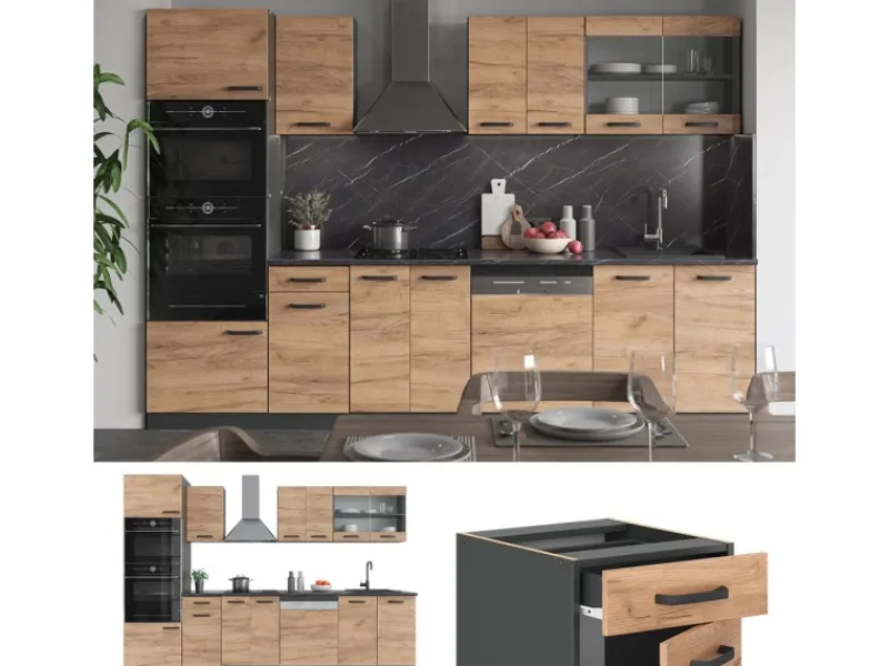 Einbauküchen<Vicco R-Line Küchenzeile Goldkraft Eiche/Anthrazit 300 cm mit HochschrankAP Eiche ohne E-Geräte